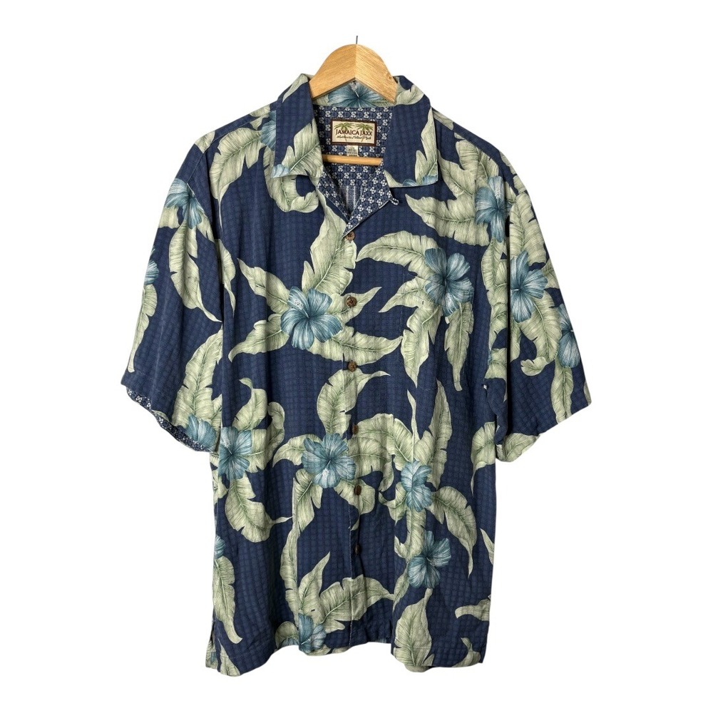 Jamaica Jaxx Vintage Button Up Shirt Mens Large Blue Floral Silk Tropical Hawaii